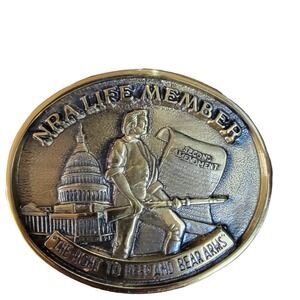 Vintage Solid Brass Belt Buckle NRA Life Member “The Right To‎ Keep & Bear Arms”